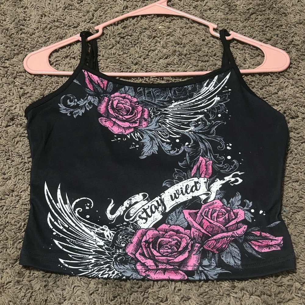 SHEIN Black Crop Top with Pink Rose Graphic